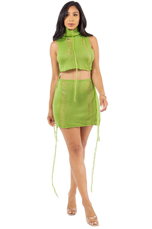Green Rippled Crochet Skirt Set