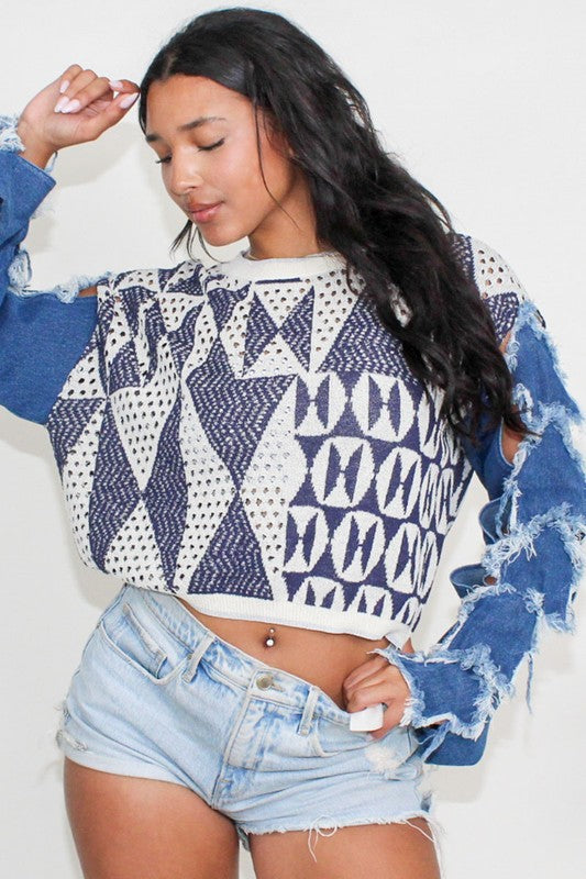 Denim Contrast Knit Top