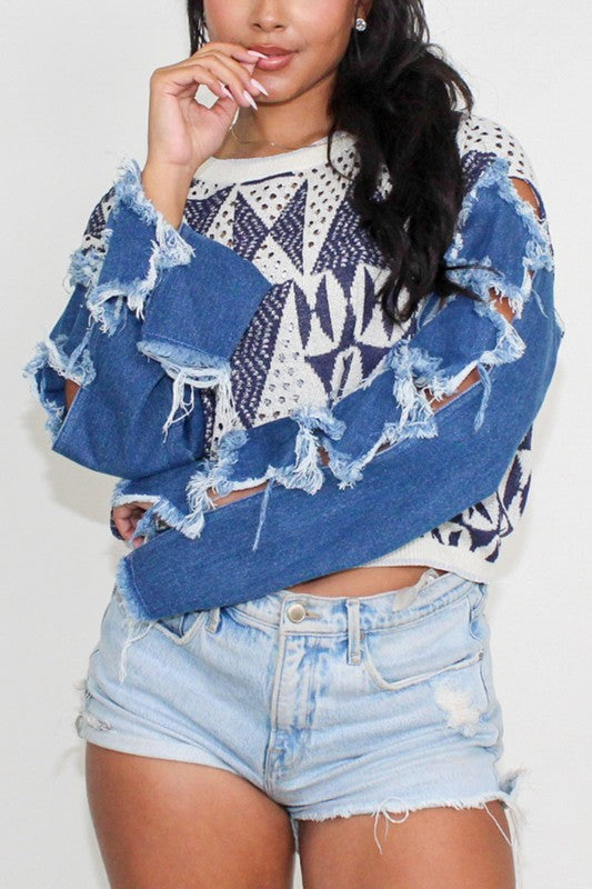 Denim Contrast Knit Top