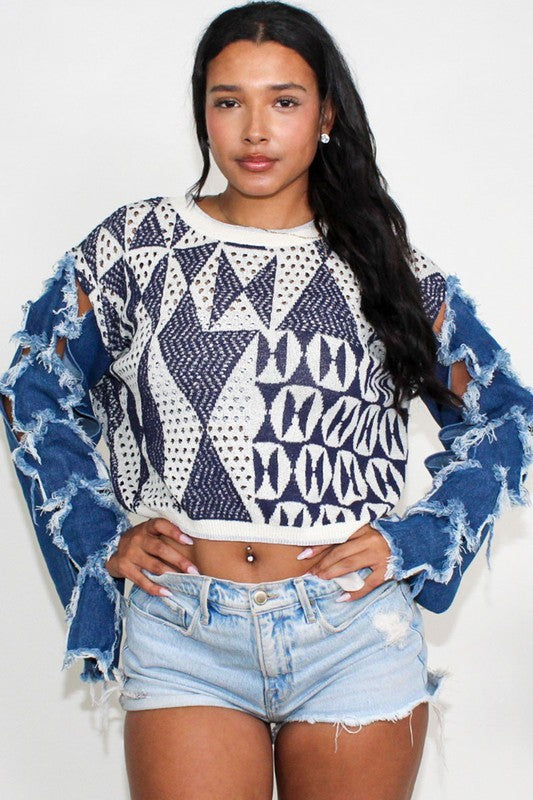 Denim Contrast Knit Top
