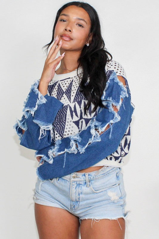 Denim Contrast Knit Top