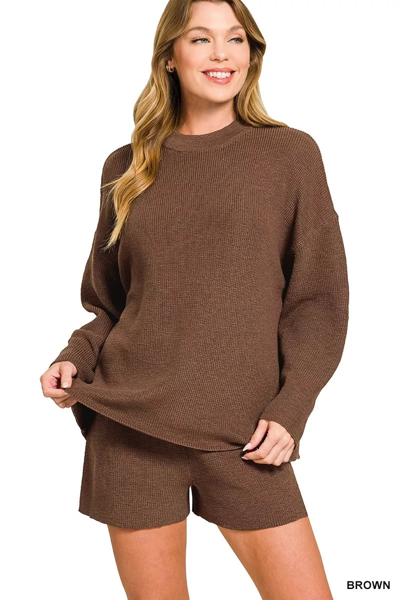 Round Neck Knit Top and Shorts Sweater Set