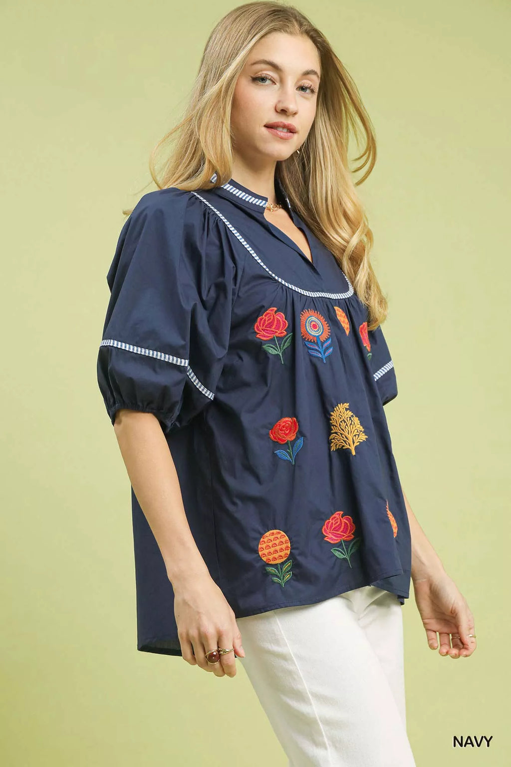 Embroidered Floral Puff Sleeve Top