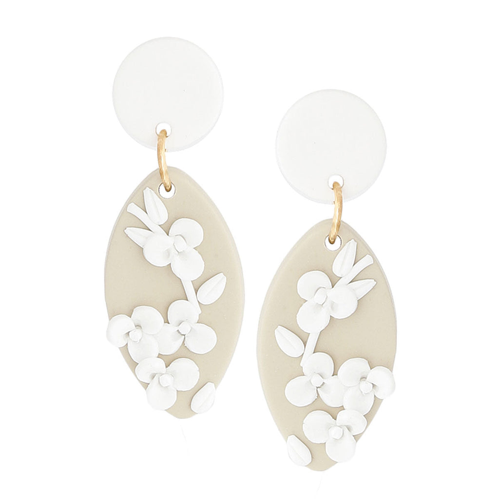 Bridal Earrings White Tan Clay Marquise Flower Stylish Statement Jewelry