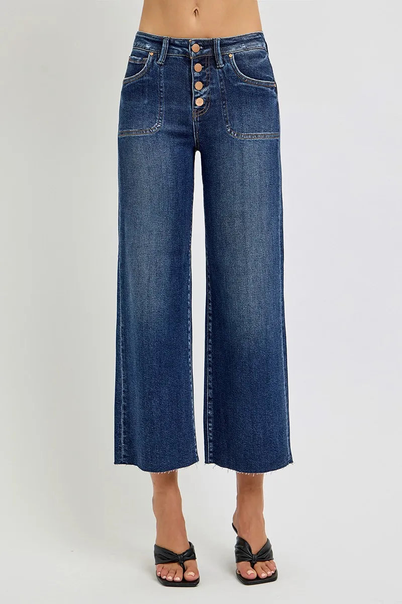 Full Size High Rise Crop Wide Button Up Jeans Plus Size