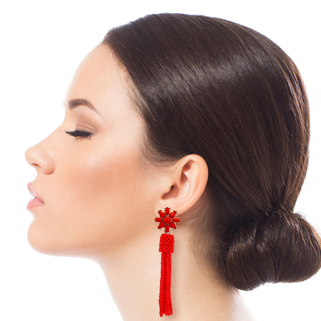 Seed Bead Earrings Red Flower Stylish Statement Jewelry