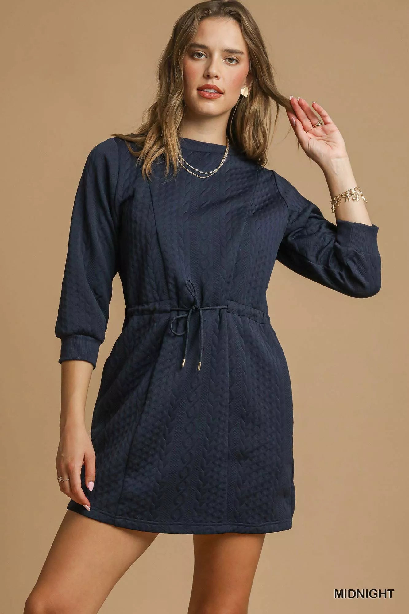 Drawstring Cable Knit Mini Dress with Pockets
