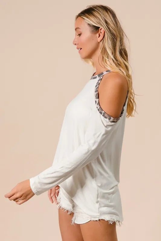 Jersey Knit Cold Shoulder Top with Leopard Neck