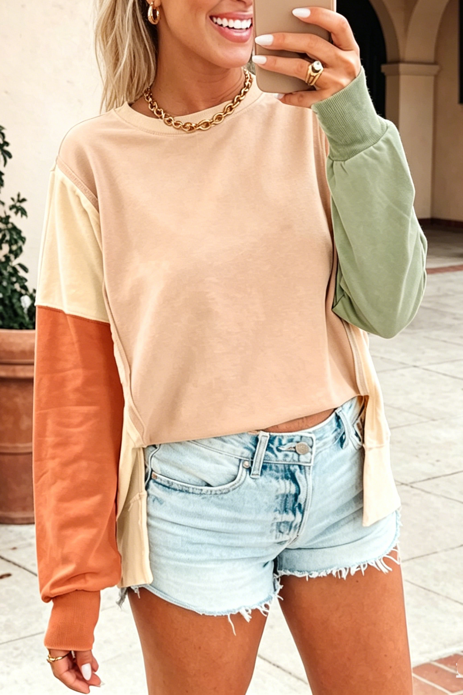 Beige Color Block Patchwork Split Hem Casual Sweatshirt