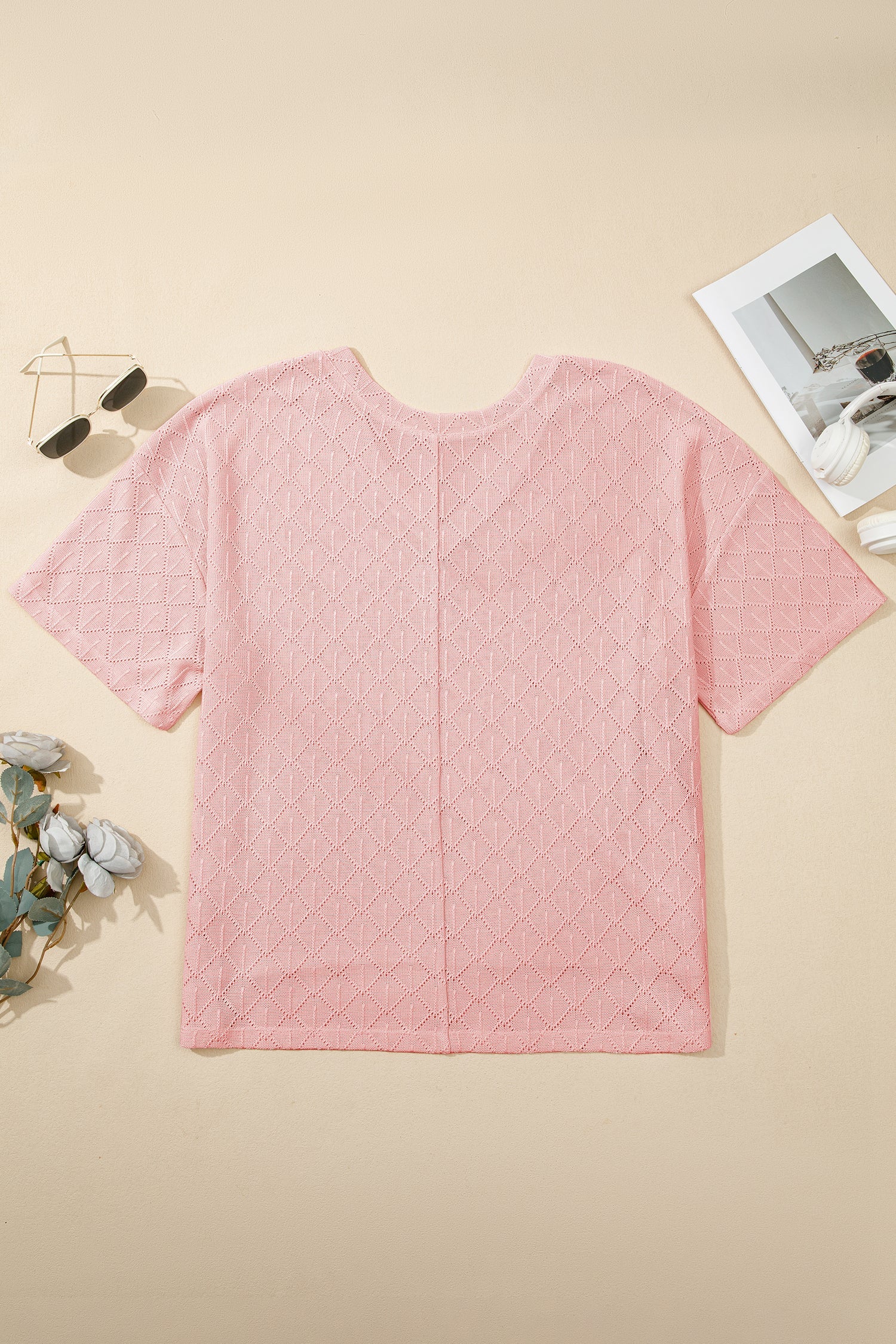 Light Pink Pointelle Rhombus Knit Plus Size V Neck Loose Top
