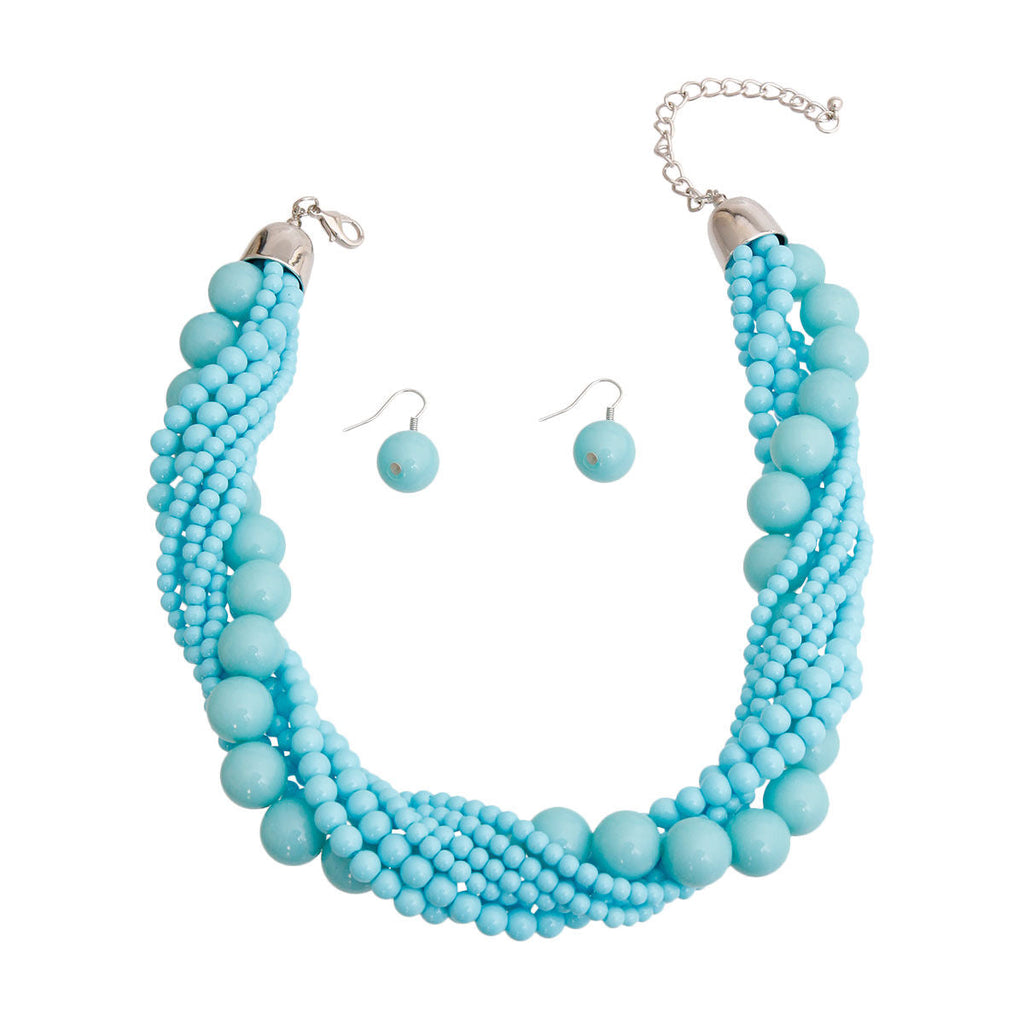 Statement Twisted Necklace with Light Blue Beads, Trendy Fashion Jewelry