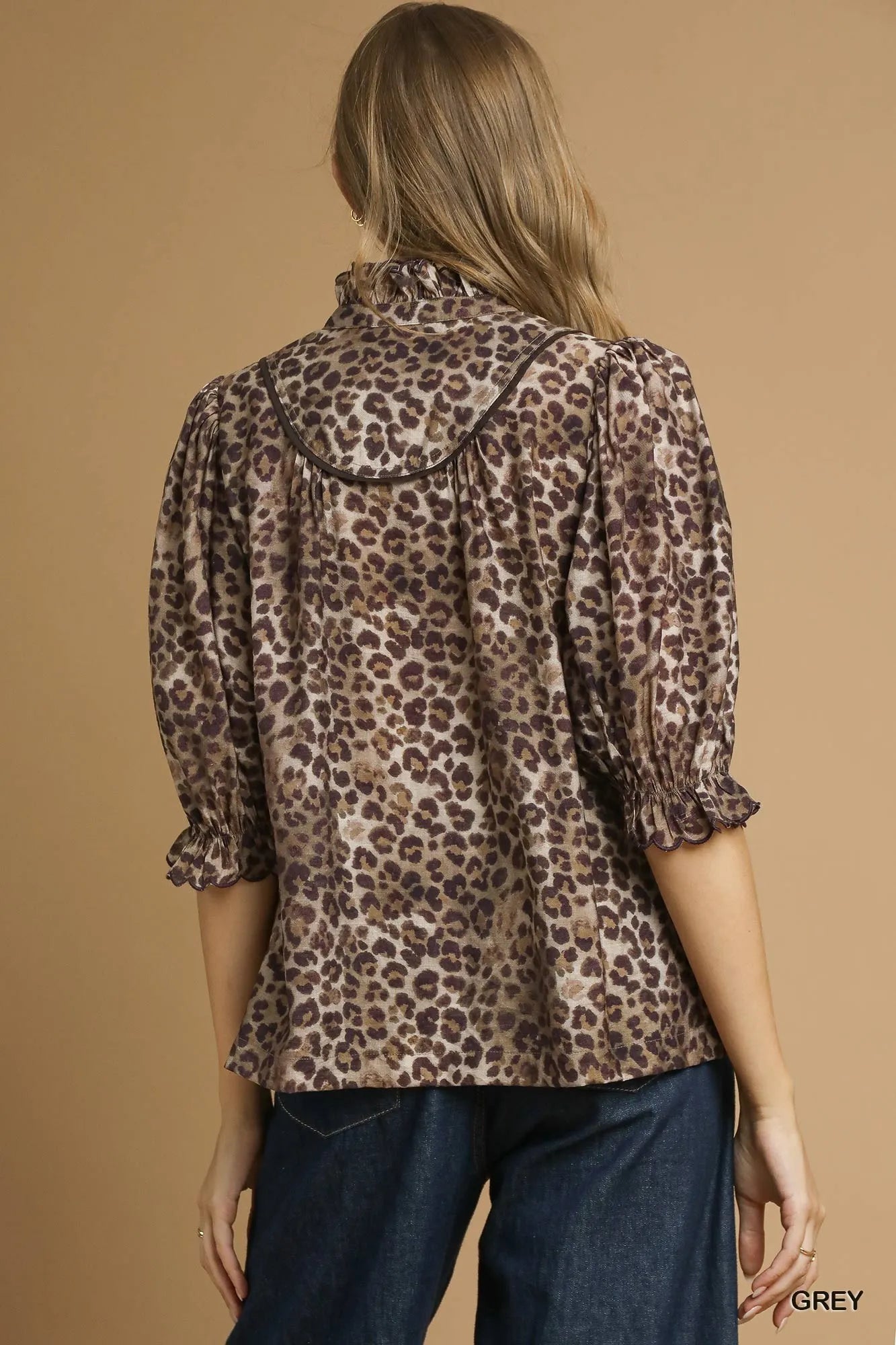 Leopard Print Ruffle Neck Blouse