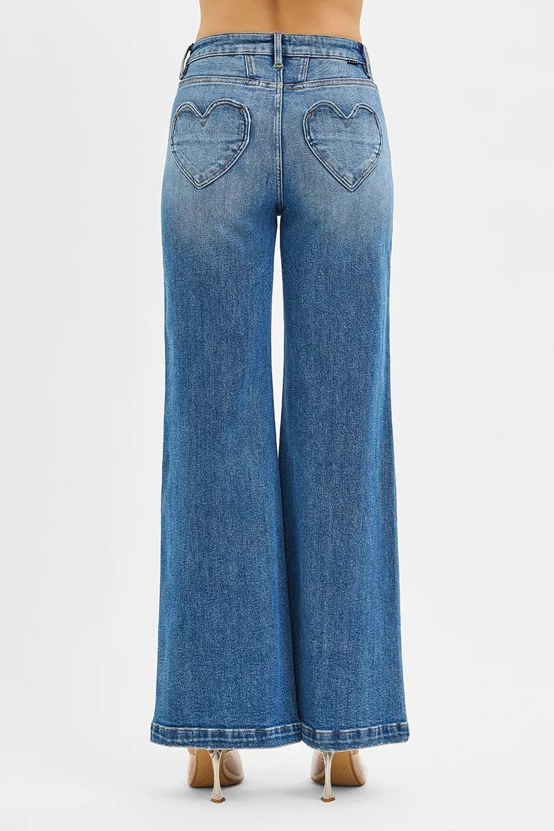 High Rise Wide Leg Jeans with Front Yoke and Heart Back Pocket