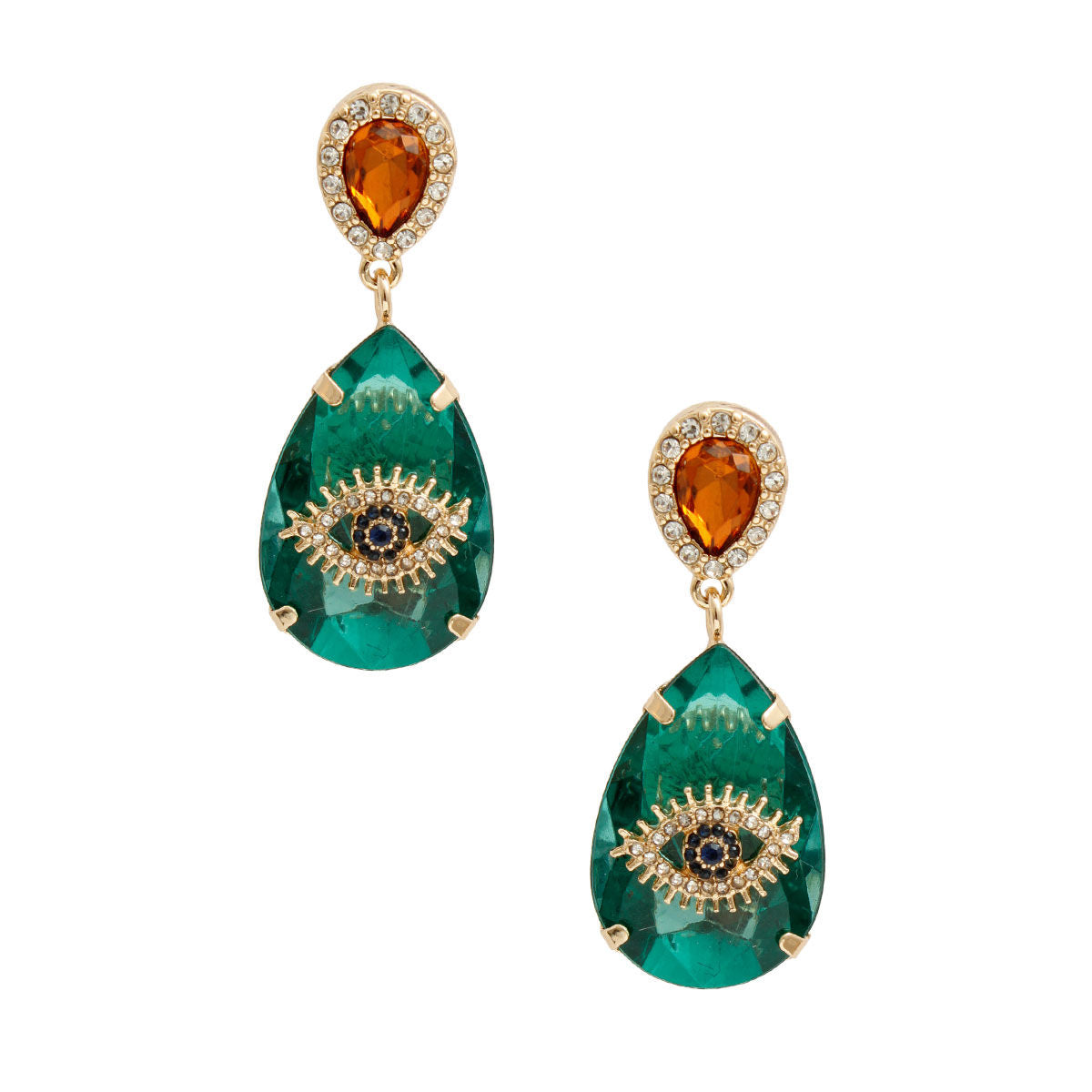 Earrings Green Crystal Teardrop Evil Eye Stylish Statement Jewelry