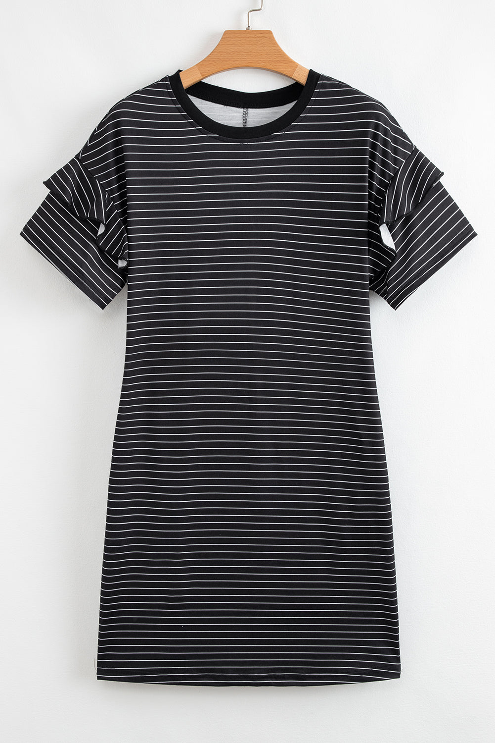 White Stripe Ruffle Short Sleeve T Shirt Mini Dress
