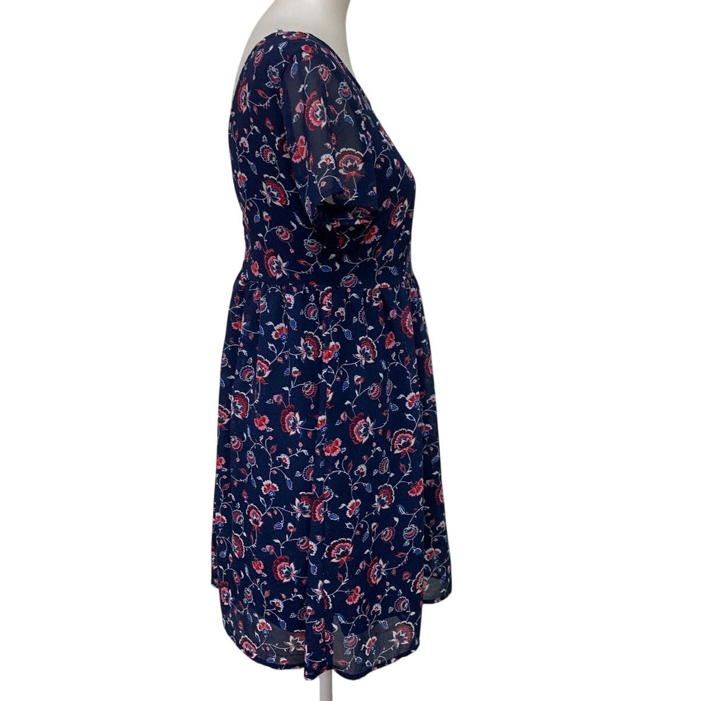Old Navy Womens Medium Navy Blue Floral Short Sleeve Back Zip Fit n Flare Dress