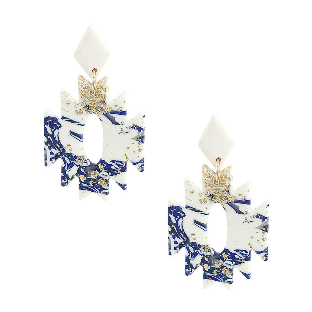 Statement Clay Earrings Blue and White Marbled Aztec Design
