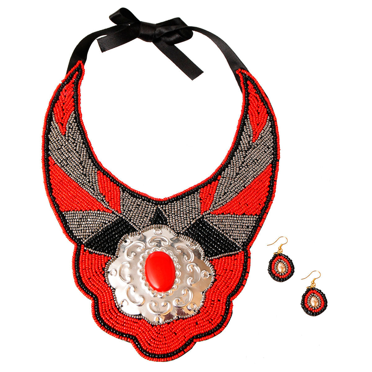 Statement Beaded Bib Necklace Set in Red and Silver – Trendy Fashion Jewelry