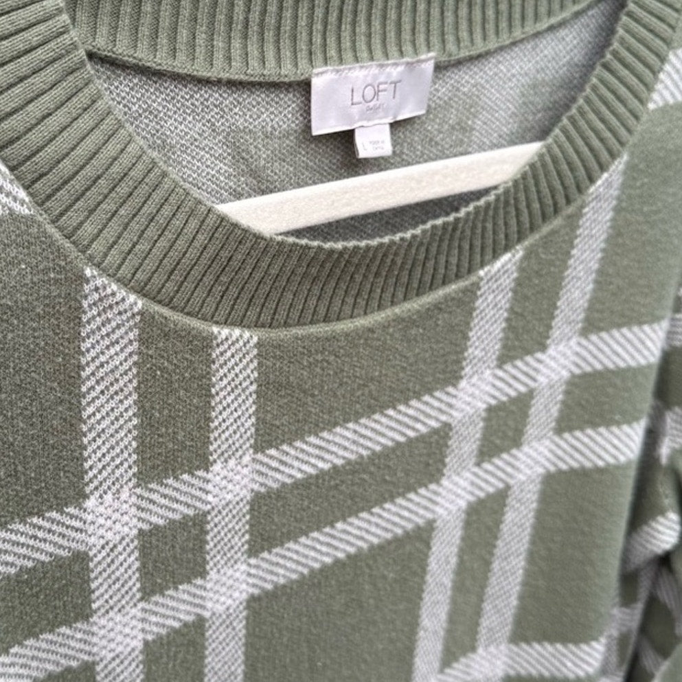 Loft Outlet Womens Large 100% Cotton Plaid 3/4 Sleeve Crew Neck Knit Sweater