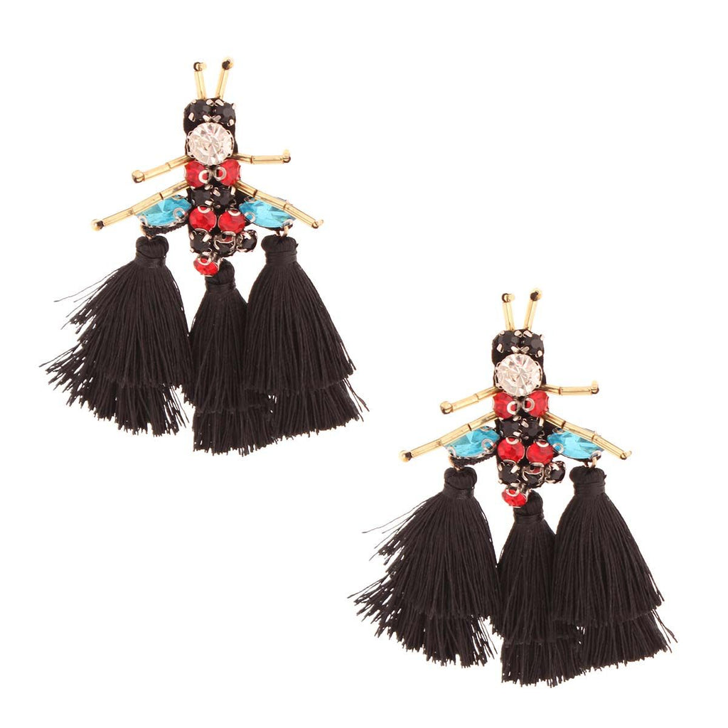 Statement Earrings Black Bee Rhinestone Tassel Fashion Jewelry