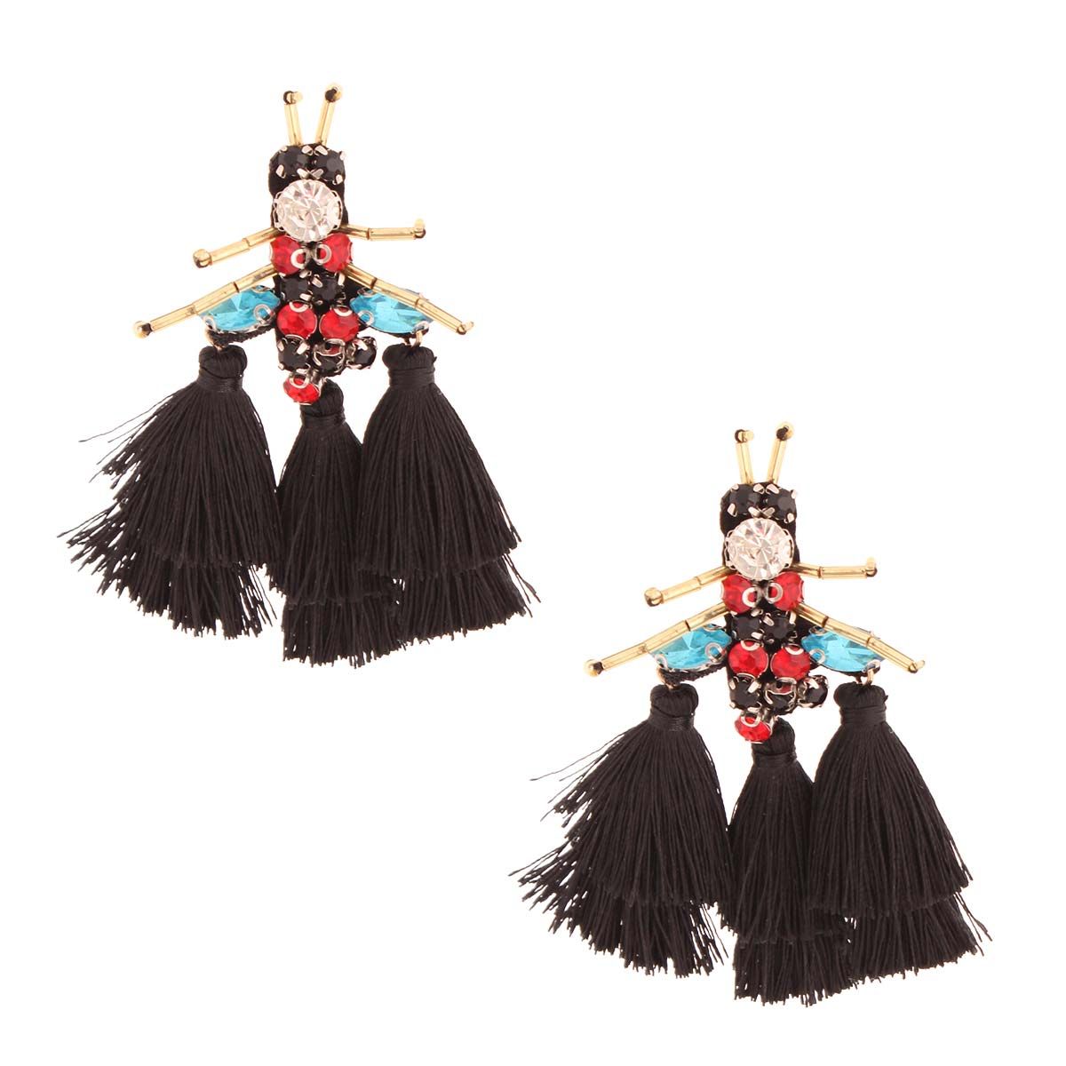 Statement Earrings Black Bee Rhinestone Tassel Fashion Jewelry