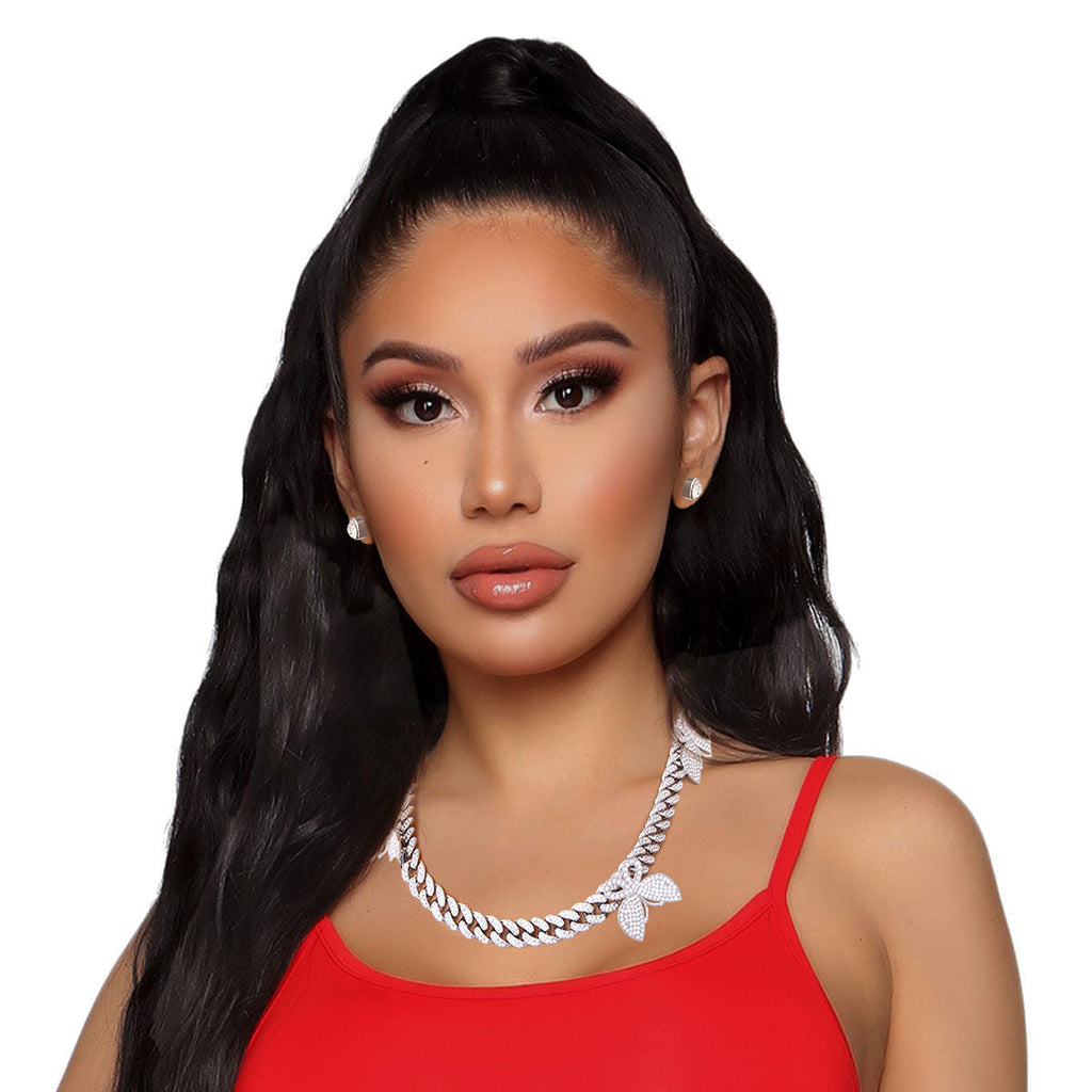 Cuban Chain Set with Iced Silver Butterfly Pendant – Trendy Fashion Jewelry