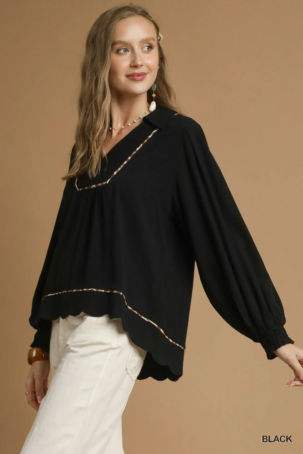 Full Size Linen Scallop Hem Blouse with Contrast Trim Plus Size