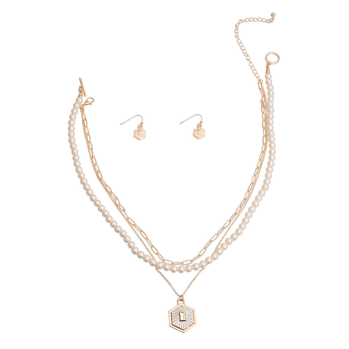 Layered Gold 3-Layer Pearl Lock Necklace – Stylish Statement Jewelry