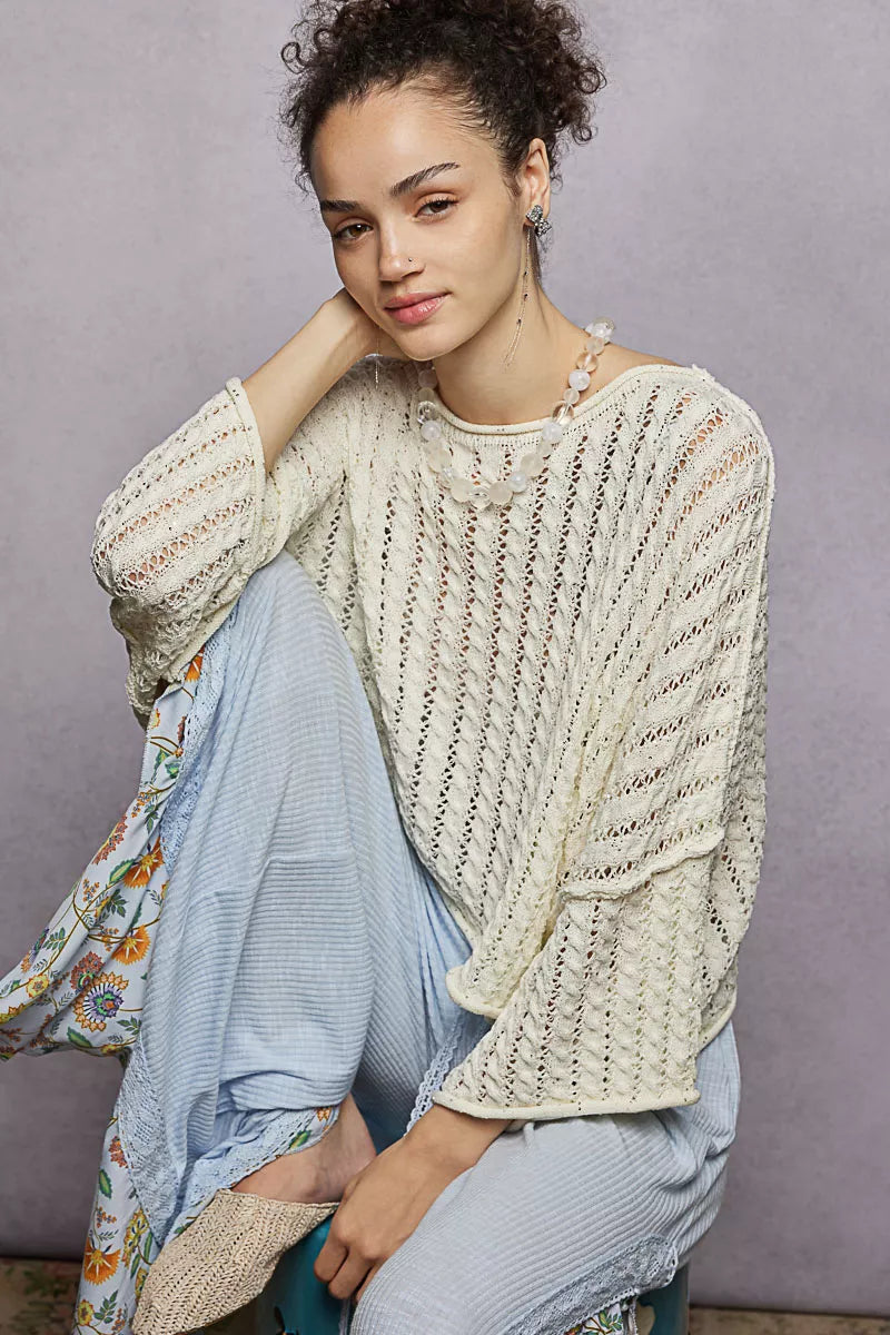 Cable-Knit Openwork Round Neck Cropped Sweater