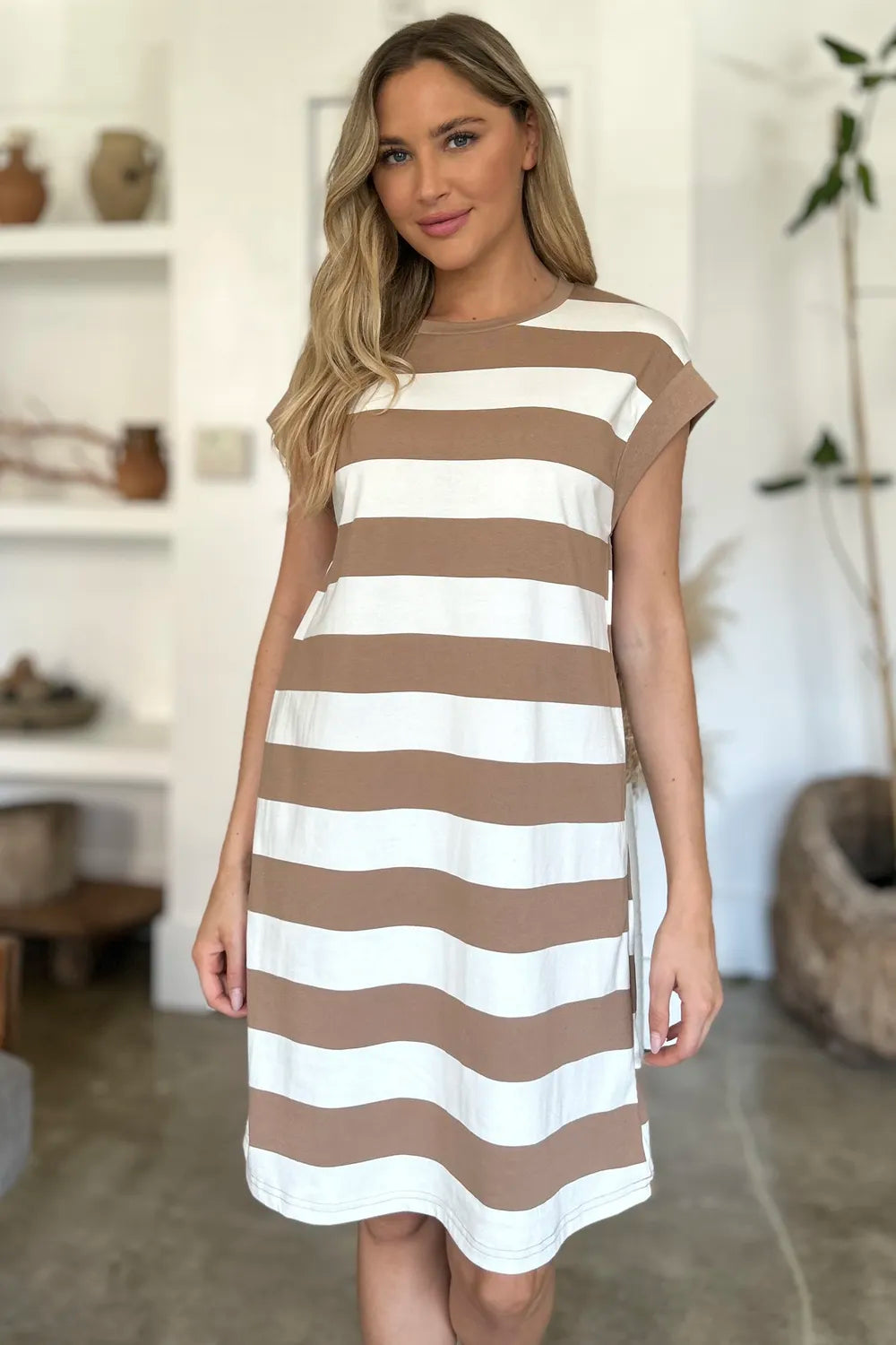Full Size Striped Round Neck Cap Sleeve Mini Dress