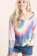 Tie Dye Terry Top With Color Block Pointelle Knit