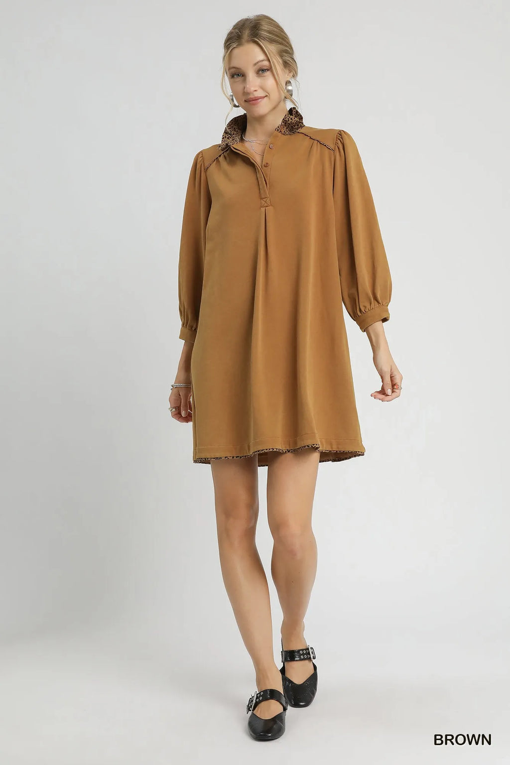 French Terry Balloon Sleeve Shift Dress with Leopard Print Detail