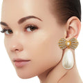 Teardrop Pearl Earrings with Gold Bow – Stylish Elegant Jewelry