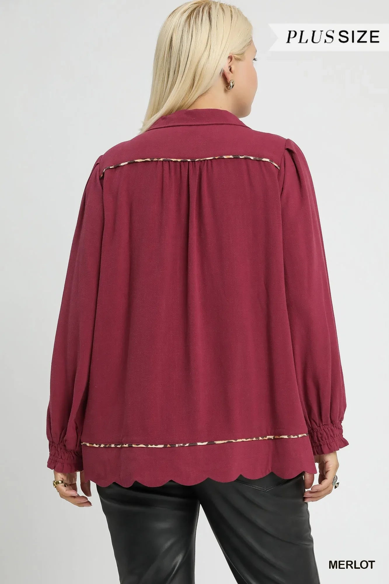 Full Size Linen Scallop Hem Blouse with Contrast Trim Plus Size