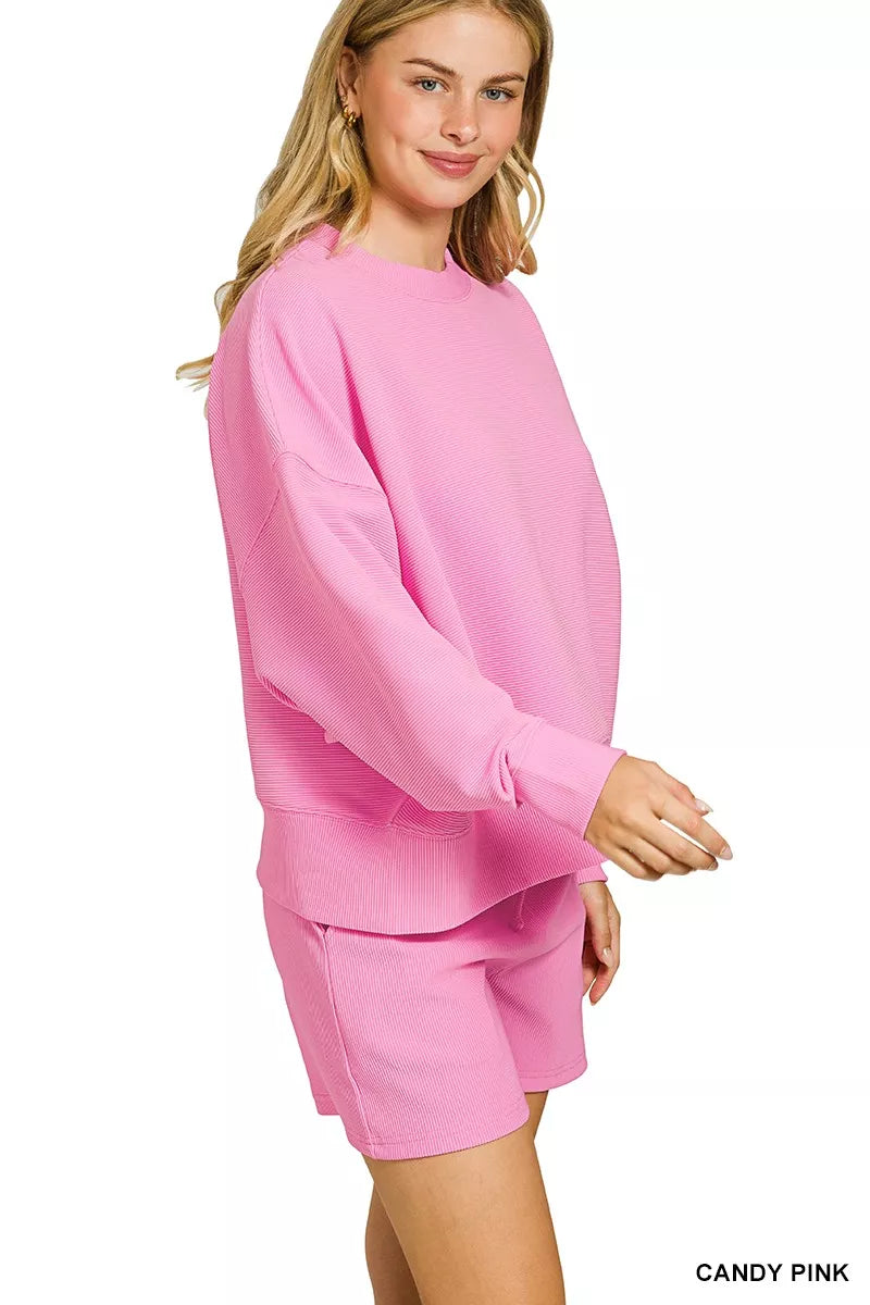Ribbed Round Neck Pullover and Shorts Set