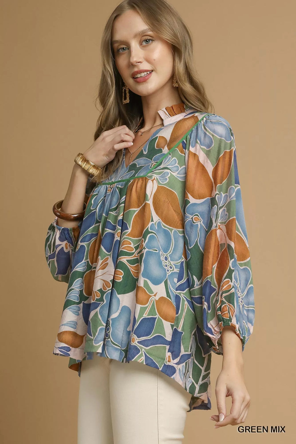 Multicolor Abstract Floral Print Blouse with Ruffle Neck