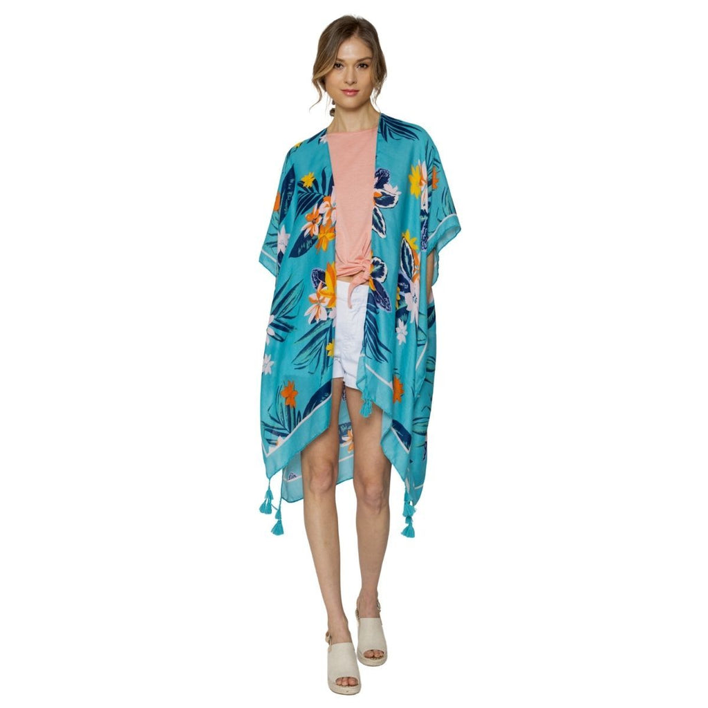 Women’s Turquoise Tropical Floral Tassel Kimono – Stylish Casual Layered Cover-Up