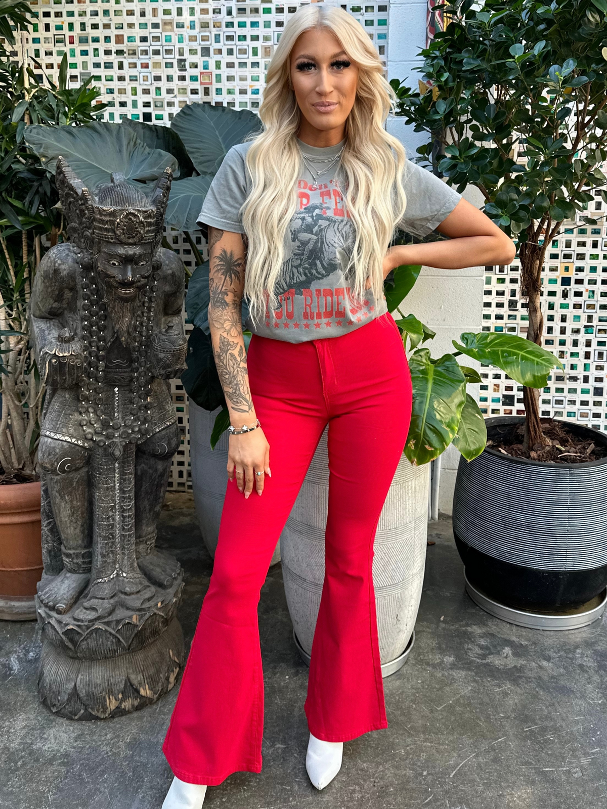 Fiona High Waisted Bell Bottom Flare Jeans - Red