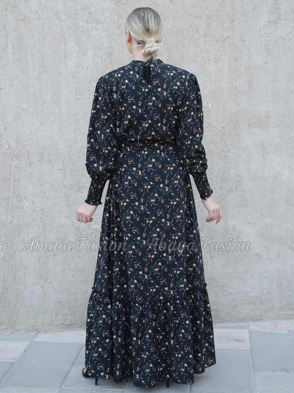 Long Dress with Floral Print in black
