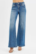 High Rise Wide Leg Jeans with Front Yoke and Heart Back Pocket