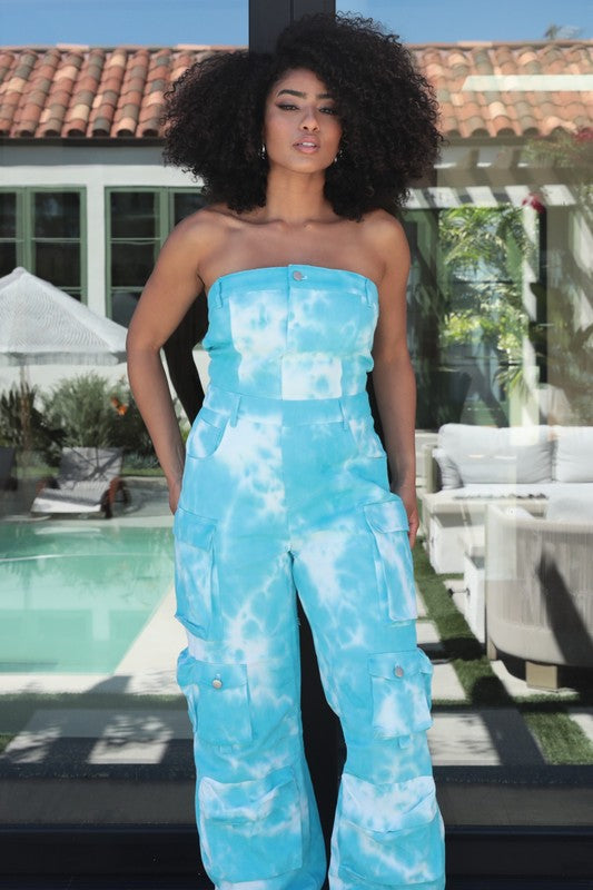 Blue Tie Dye Strapless Jumpsuit