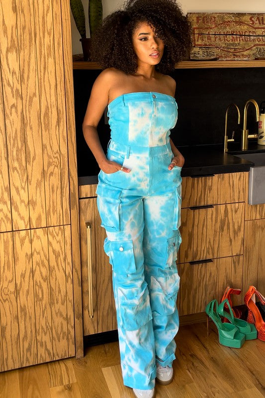 Blue Tie Dye Strapless Jumpsuit