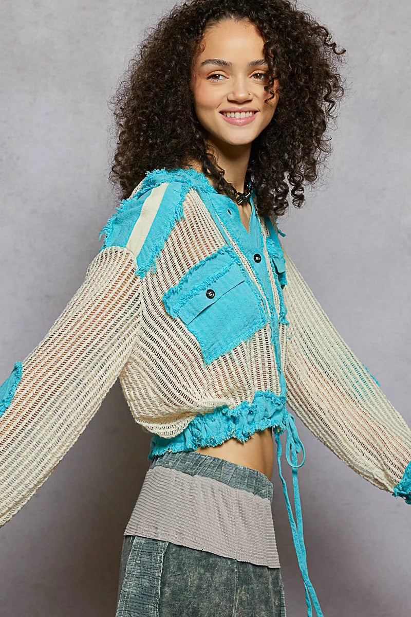Texture Woven Button Down Hooded Shirt with Drawstring Hem