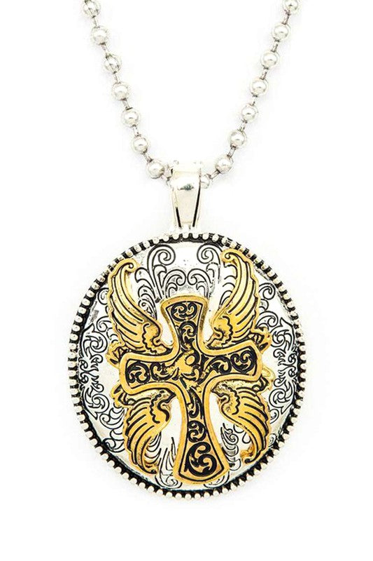 2 Tone Cross Engraved Pendant Necklace Set