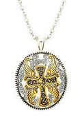 2 Tone Cross Engraved Pendant Necklace Set