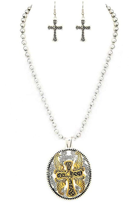 2 Tone Cross Engraved Pendant Necklace Set