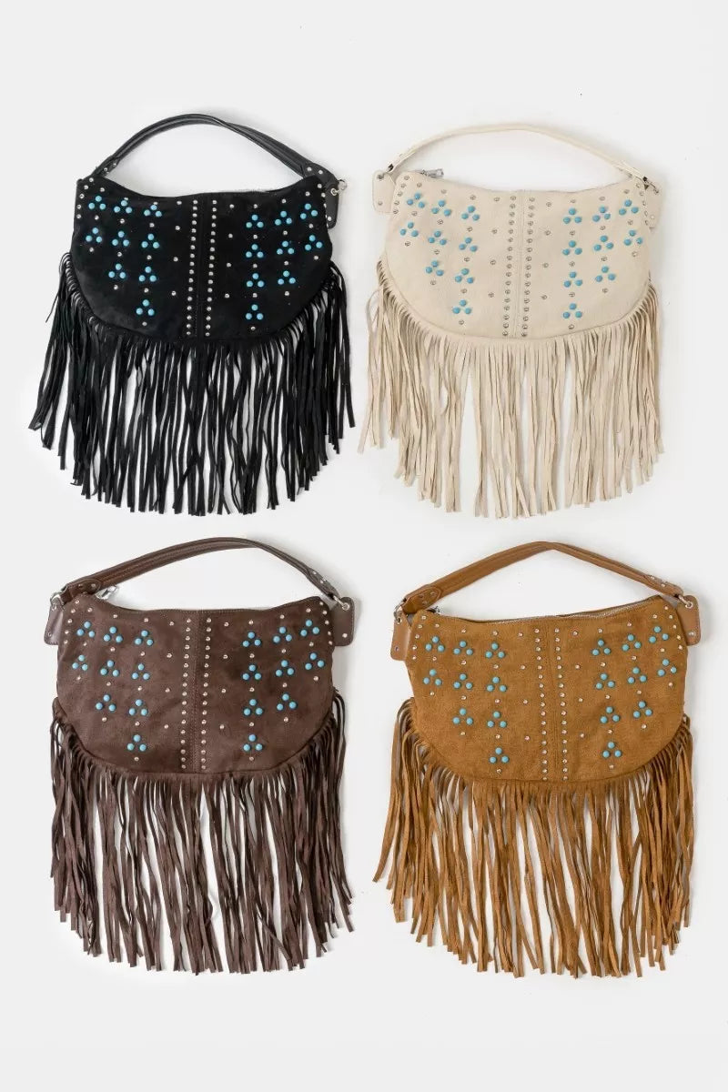 Studded Pattern Multi Fringe Hobo Shoulder Bag