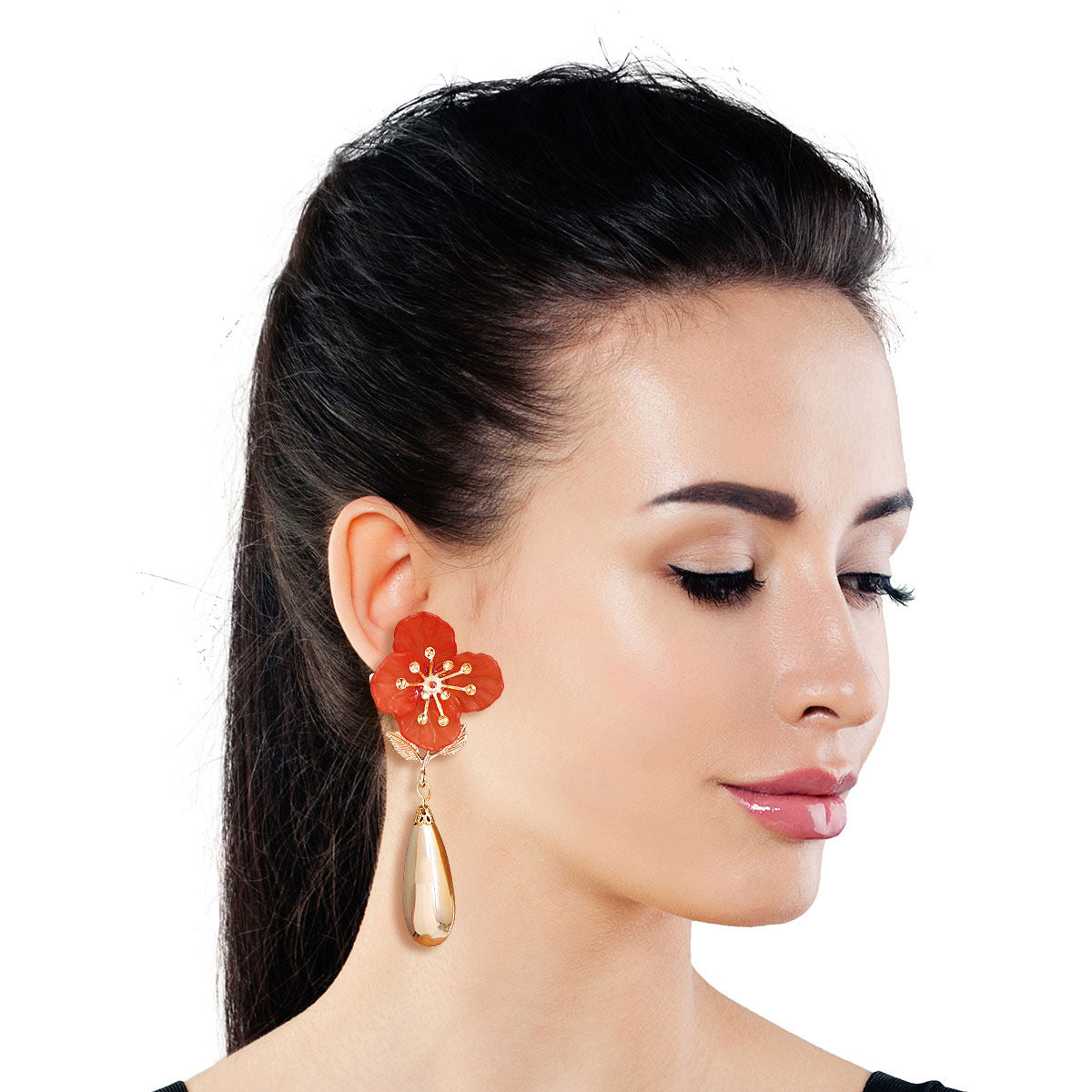 Teardrop Earrings Red Flower Stylish Statement Jewelry