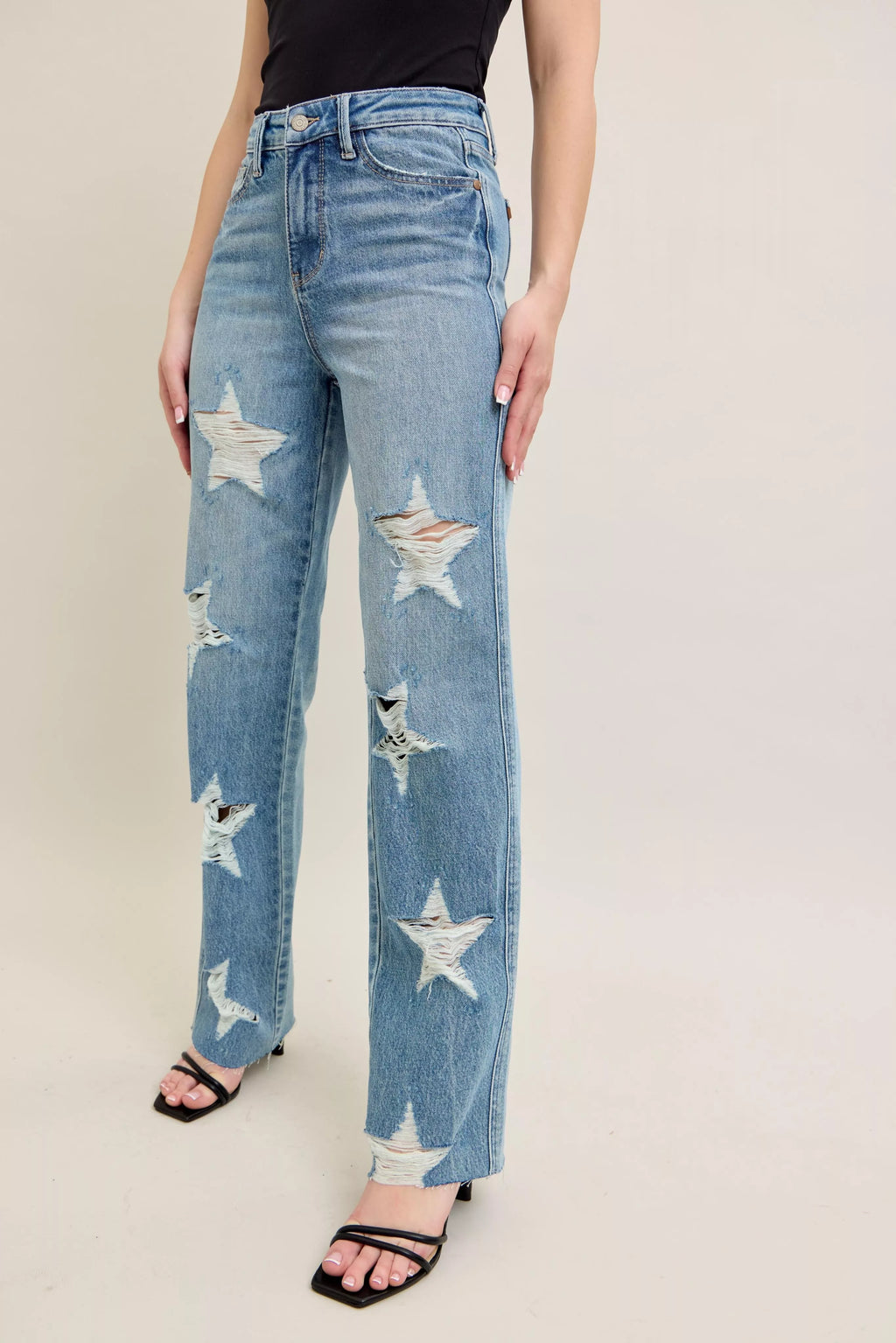 Full Size High Waist Rigid Magic Star Shaped Destroy 90's Straight Jeans Plus Size