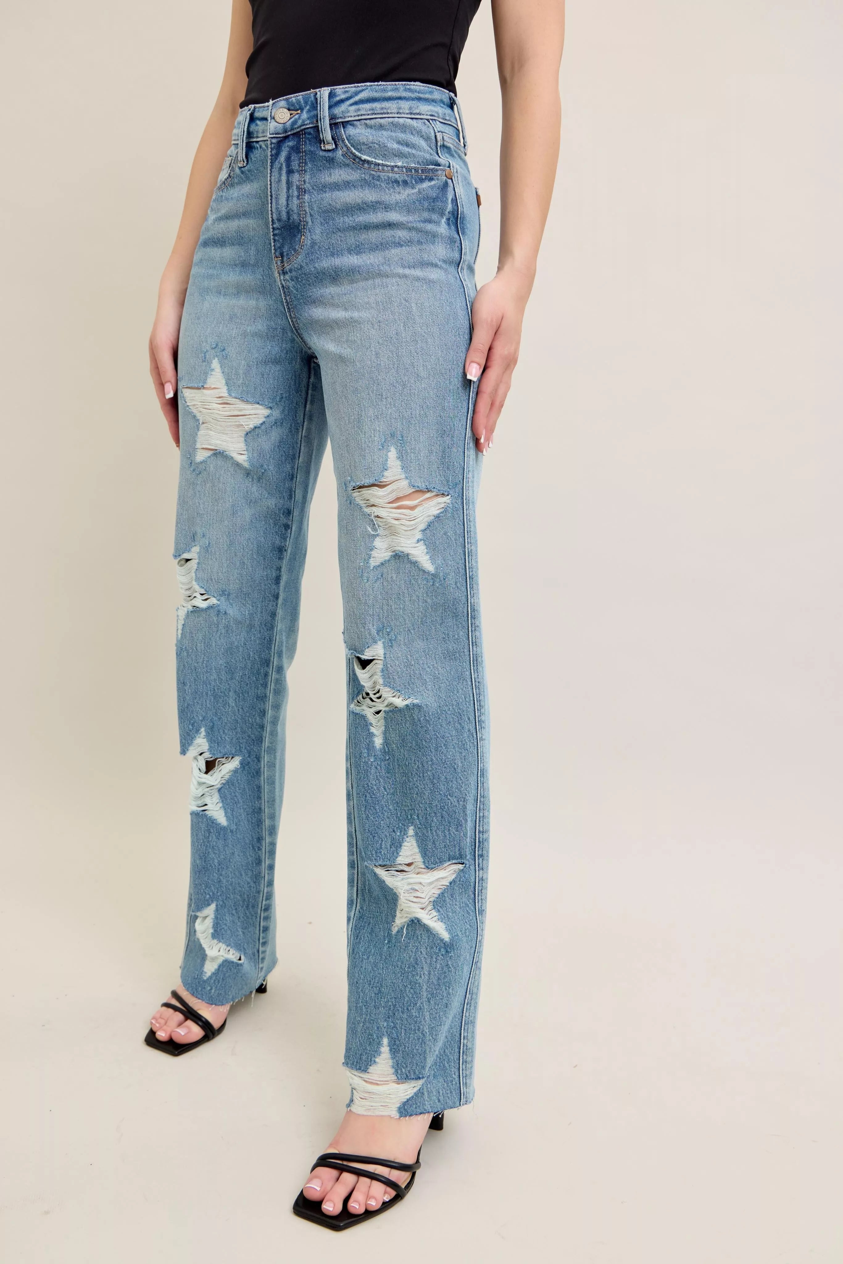 Full Size High Waist Rigid Magic Star Shaped Destroy 90's Straight Jeans Plus Size